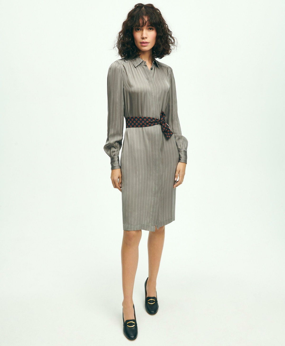 Photo: Brooks Brothers Women's Pinstripe Belted Shirt Dress | Grey