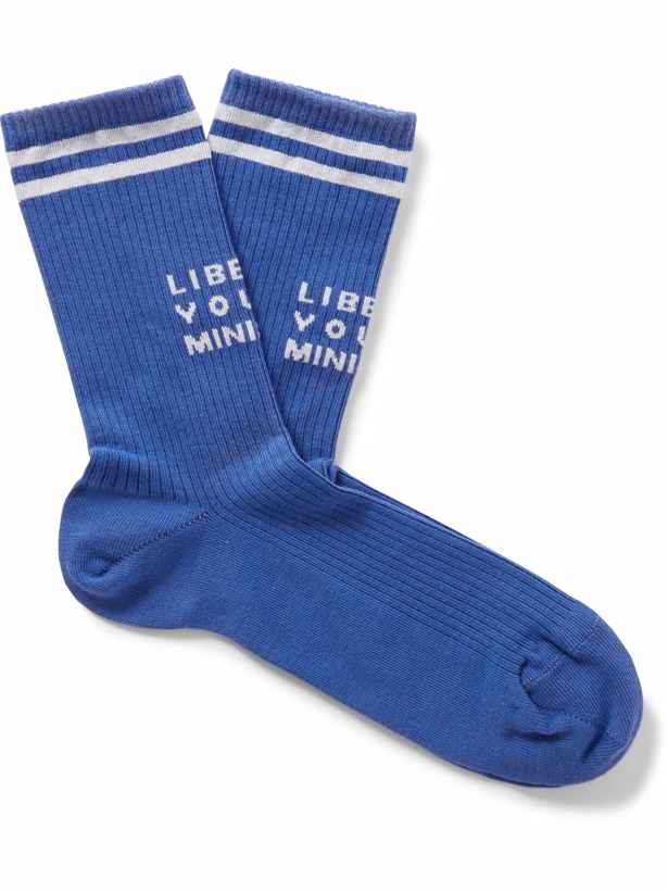 Photo: Liberal Youth Ministry - Logo-Intarsia Ribbed Stretch Cotton-Blend Socks - Blue
