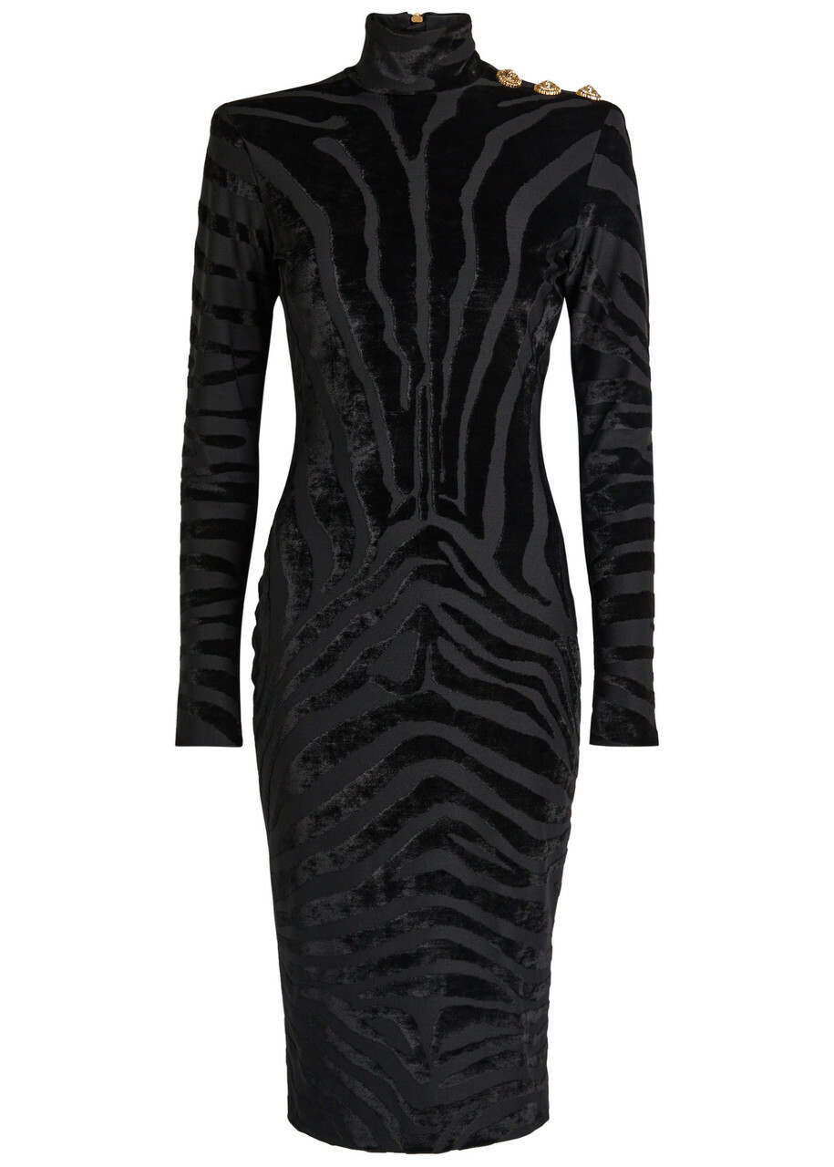 Balmain Zebra-jacquard Velvet and Woven Bodycon Dress Black