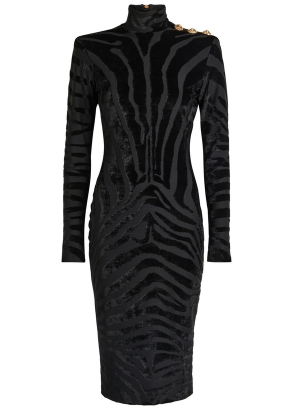 Photo: Balmain Zebra-jacquard Velvet and Woven Bodycon Dress Black