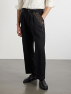 Kartik Research - Straight-Leg Zardozi Embroidered Pleated Linen Trousers - Black