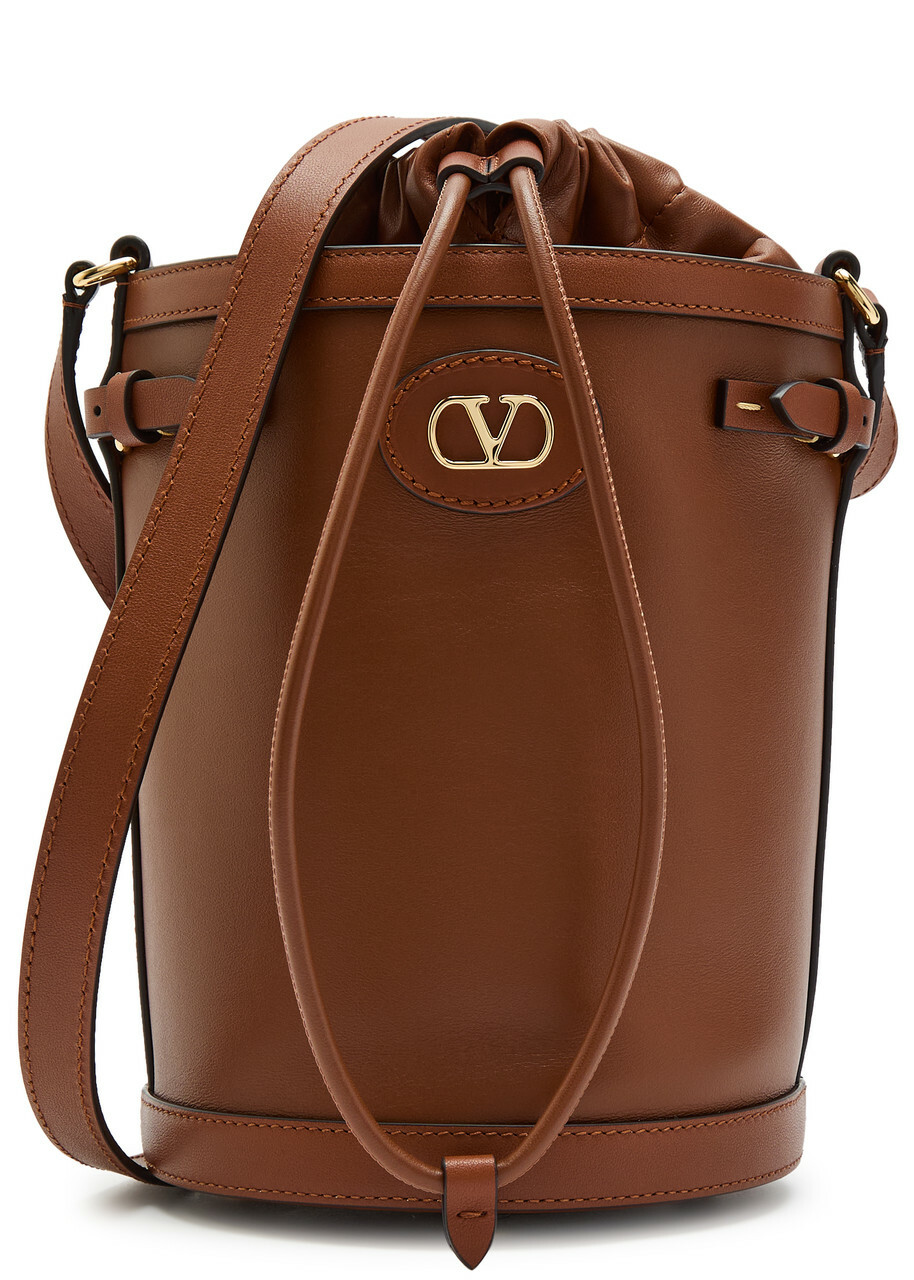 Valentino Garavani Logo-plaque Leather Drawstring Bucket bag - Brown - One Size
