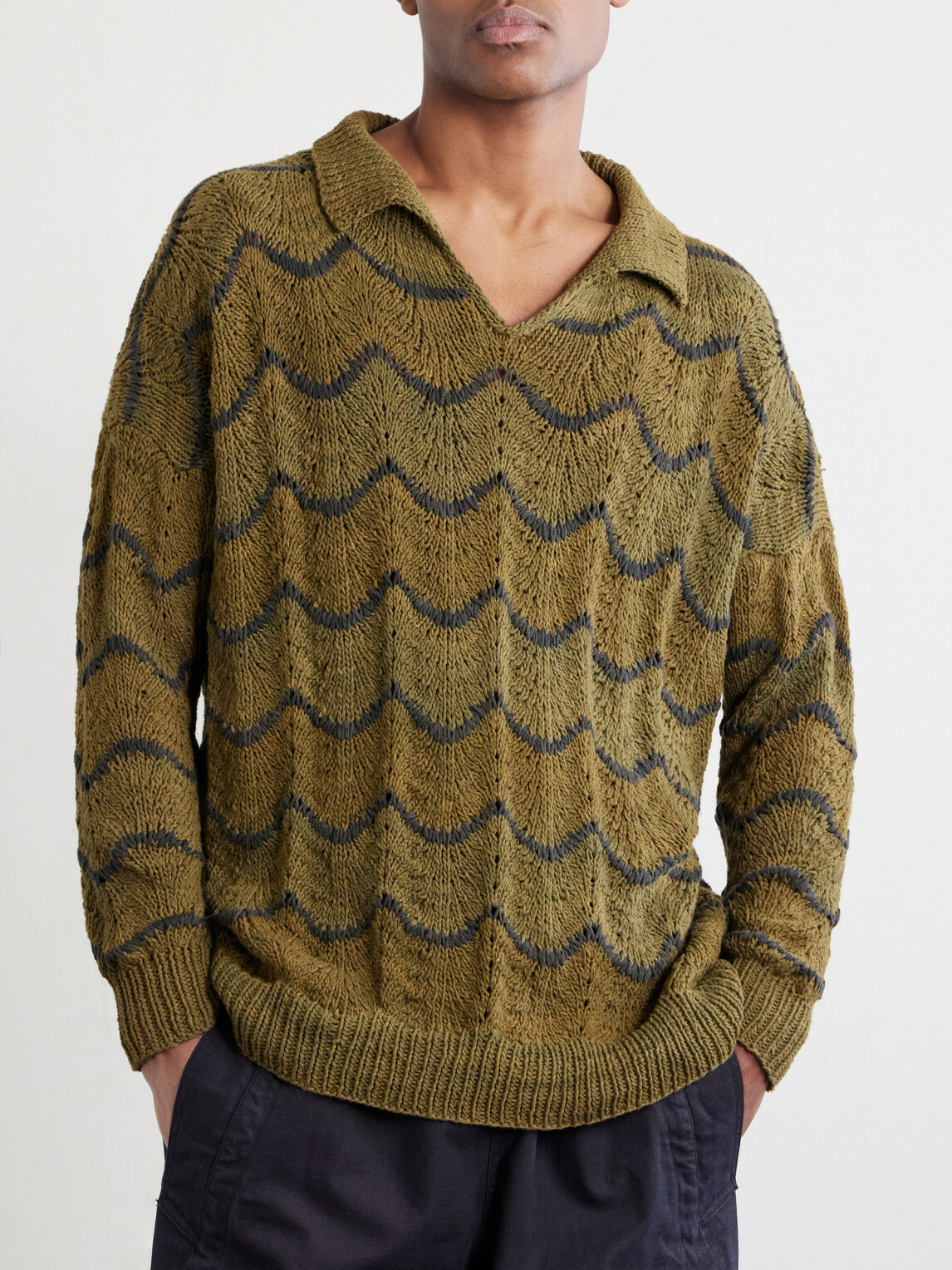 Kartik Research - Striped Knitted Cotton Polo Sweater - Green