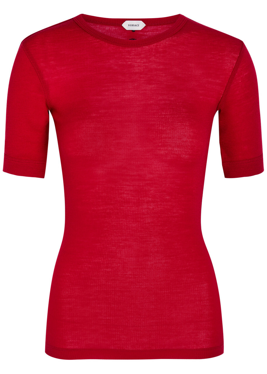 Versace Ribbed Logo-embroidered Wool T-shirt Red