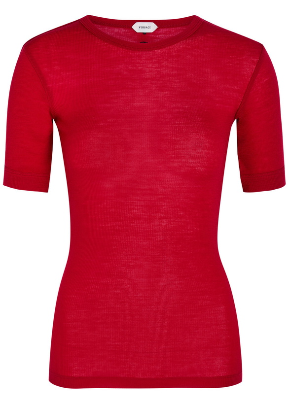 Photo: Versace Ribbed Logo-embroidered Wool T-shirt Red