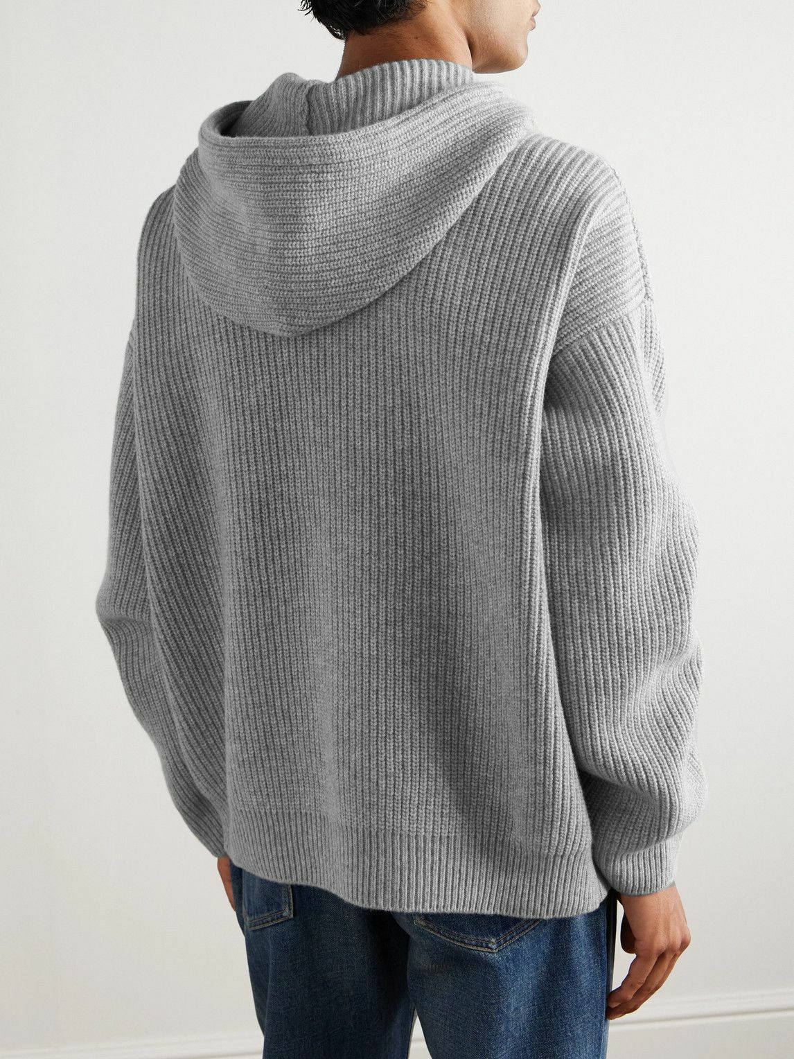 CELINE - Logo-Appliquéd Ribbed Wool Hoodie - Gray