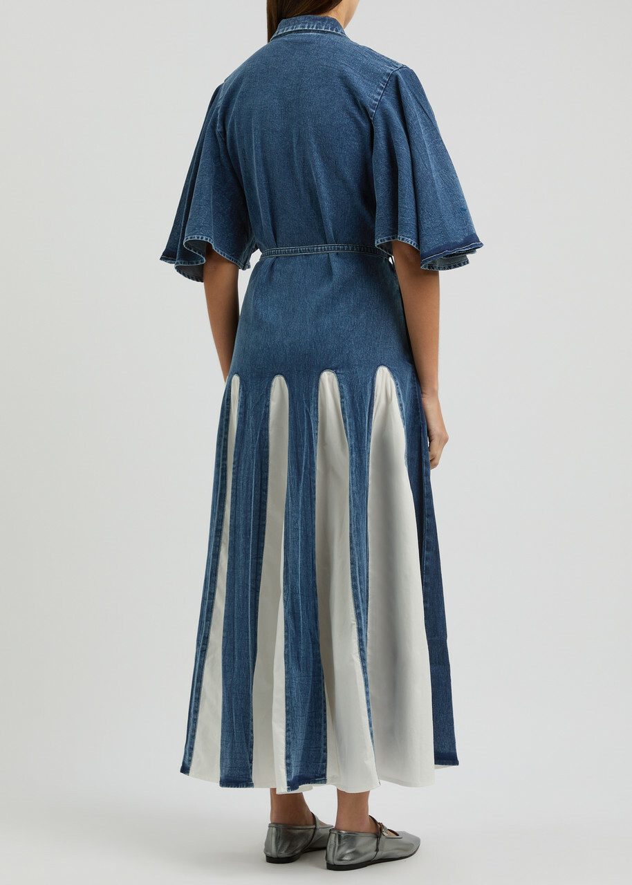 Lovebirds Panelled Denim and Cotton-poplin Midi Dress Blue