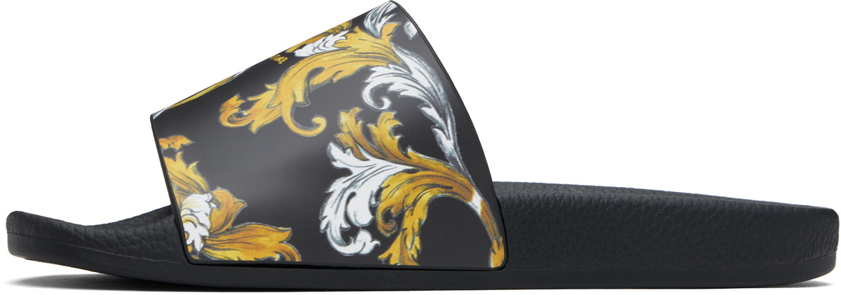 Versace Jeans Couture Black & Gold Outline Barocco Pool Slides