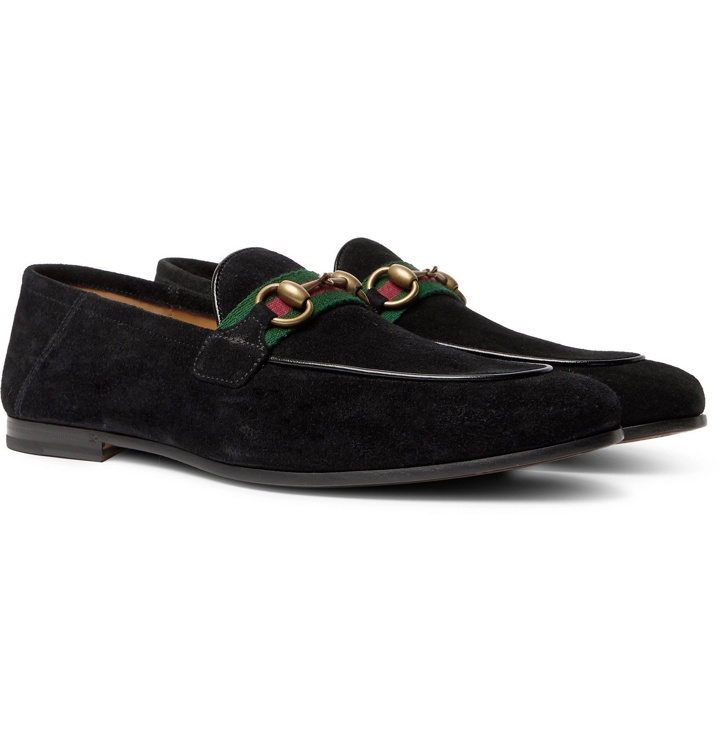 Photo: Gucci - Brixton Horsebit Webbing-Trimmed Collapsible-Heel Suede Loafers - Black