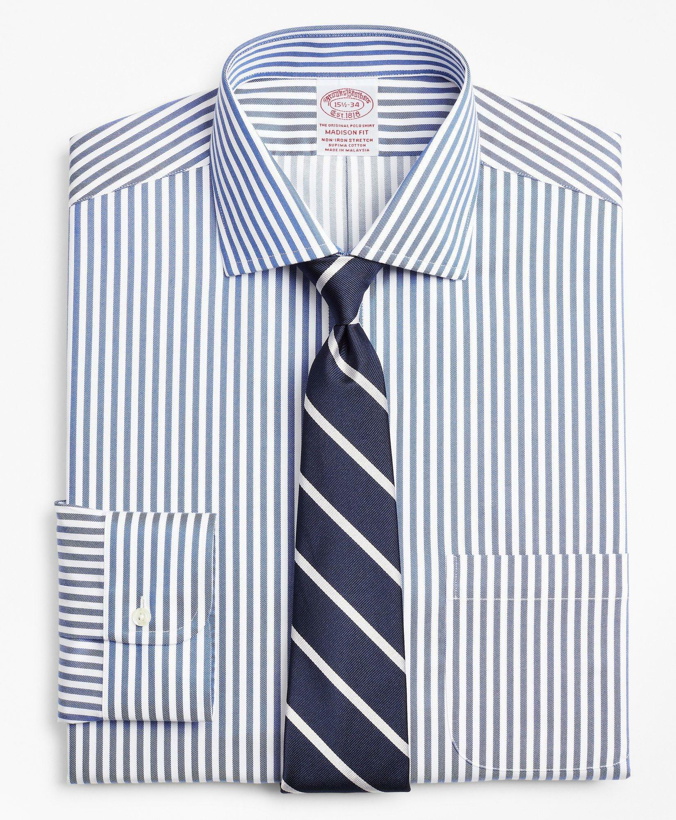 Photo: Brooks Brothers Men's Stretch Madison Relaxed-Fit Dress Shirt, Non-Iron Twill English Collar Bold Stripe | Navy