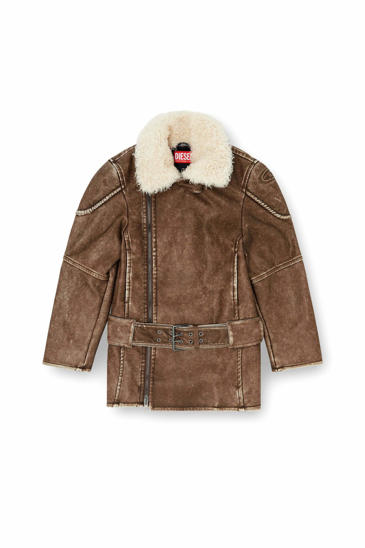 Diesel Double-breasted aviator-biker coat - Jackets Womens in Brown