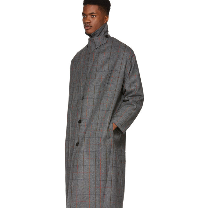 Studio Nicholson Grey Check Wool Overcoat Studio Nicholson