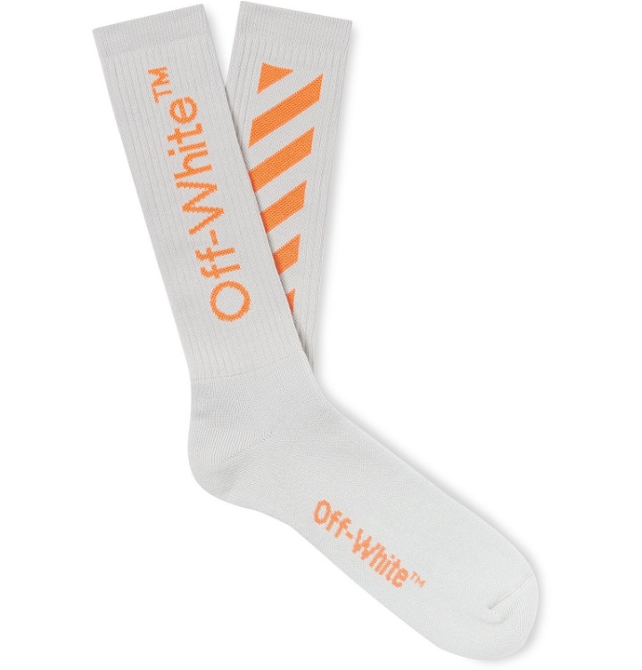 Photo: Off-White - Logo-Intarsia Ribbed Cotton-Blend Socks - Gray