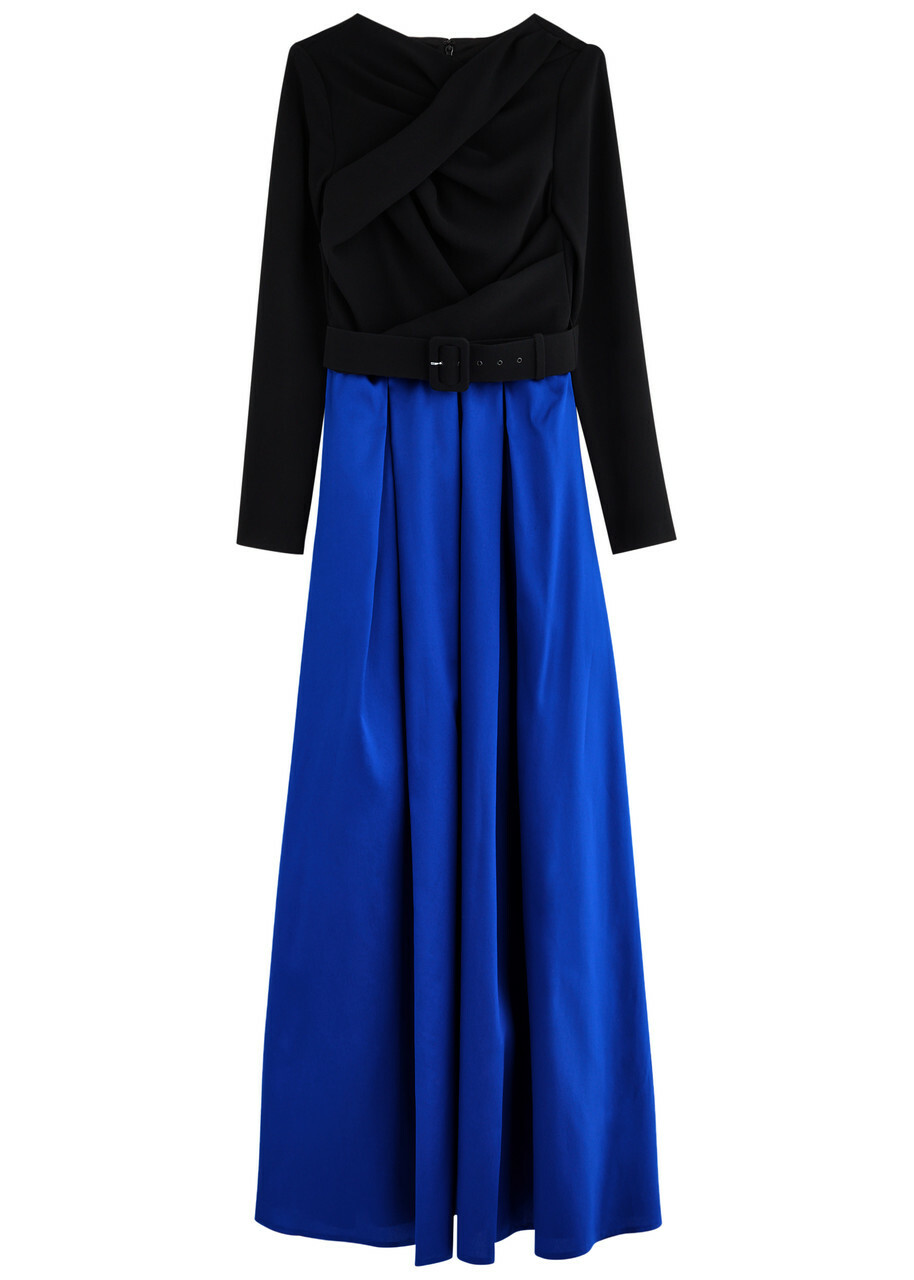 Talbot Runhof Colour-blocked Satin and Woven Maxi Dress Blue