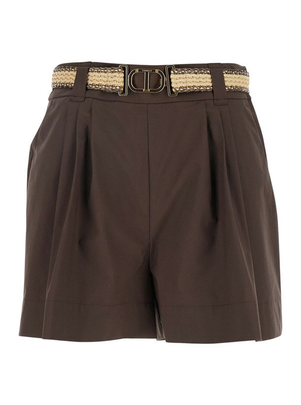 Photo: TwinSet Brown Shorts With Waist Belt And Metallic Logo Plaque In Cotton Poplin Woman