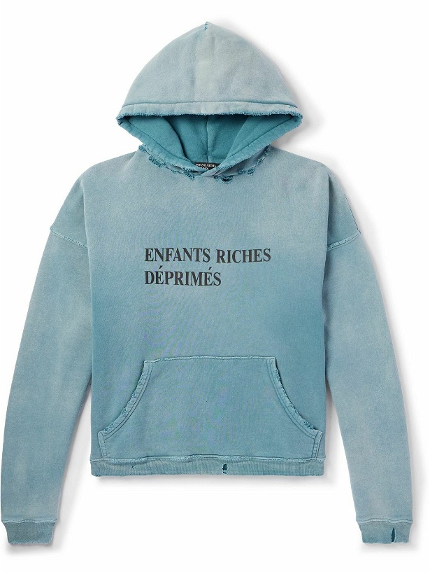 Photo: Enfants Riches Déprimés - Logo-Print Distressed Cotton-Jersey Hoodie - Blue