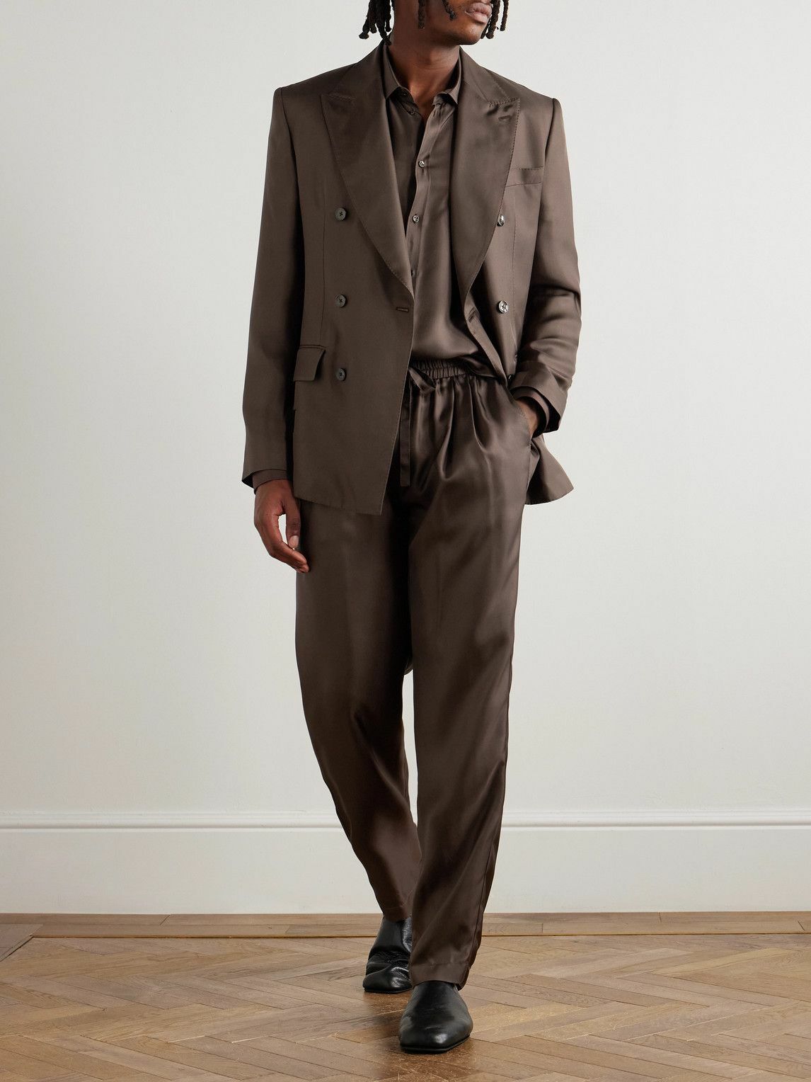 Dolce&Gabbana - Tapered Pleated Silk-Twill Drawstring Suit Trousers - Brown