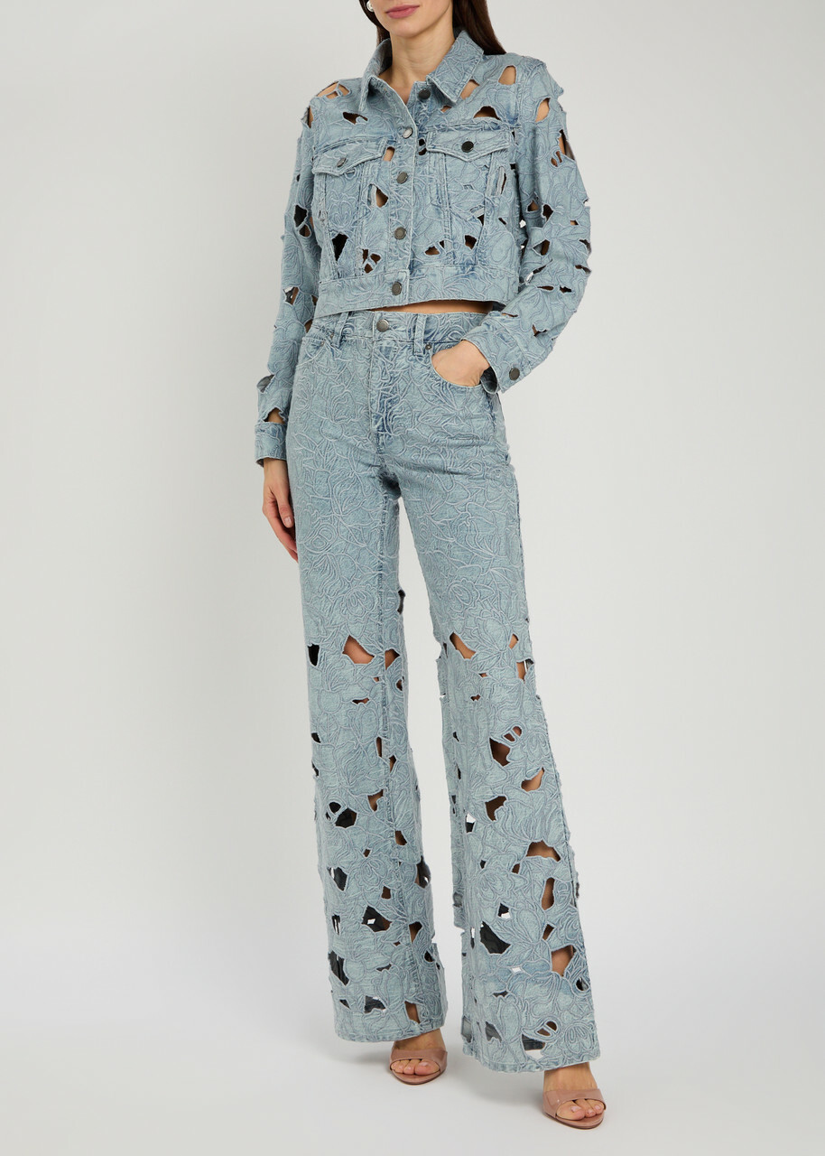Alice + Olivia Chloe Embroidered Cut-out Denim Cropped Jacket Blue