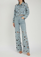 Alice + Olivia Chloe Embroidered Cut-out Denim Cropped Jacket Blue
