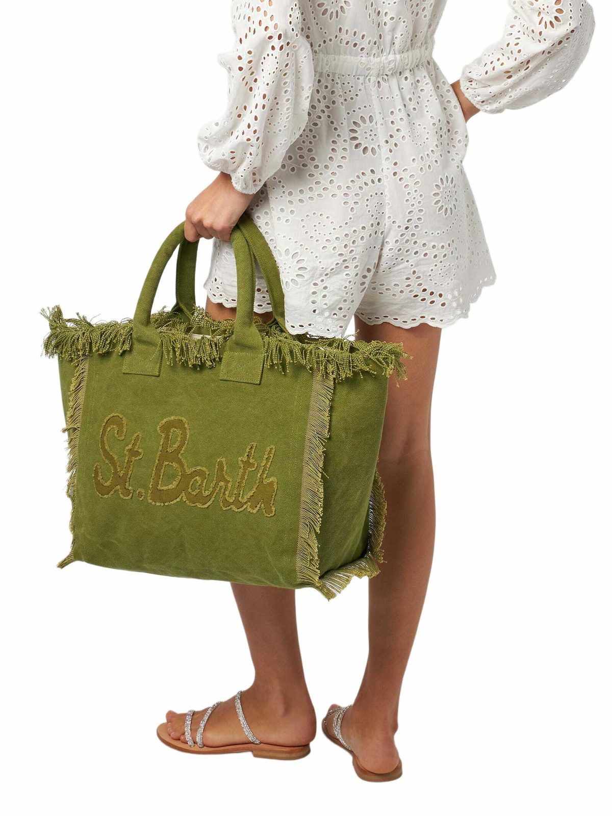 MC2 Saint Barth Military Green Cotton Canvas Vanity Tote Bag With Logo Patch