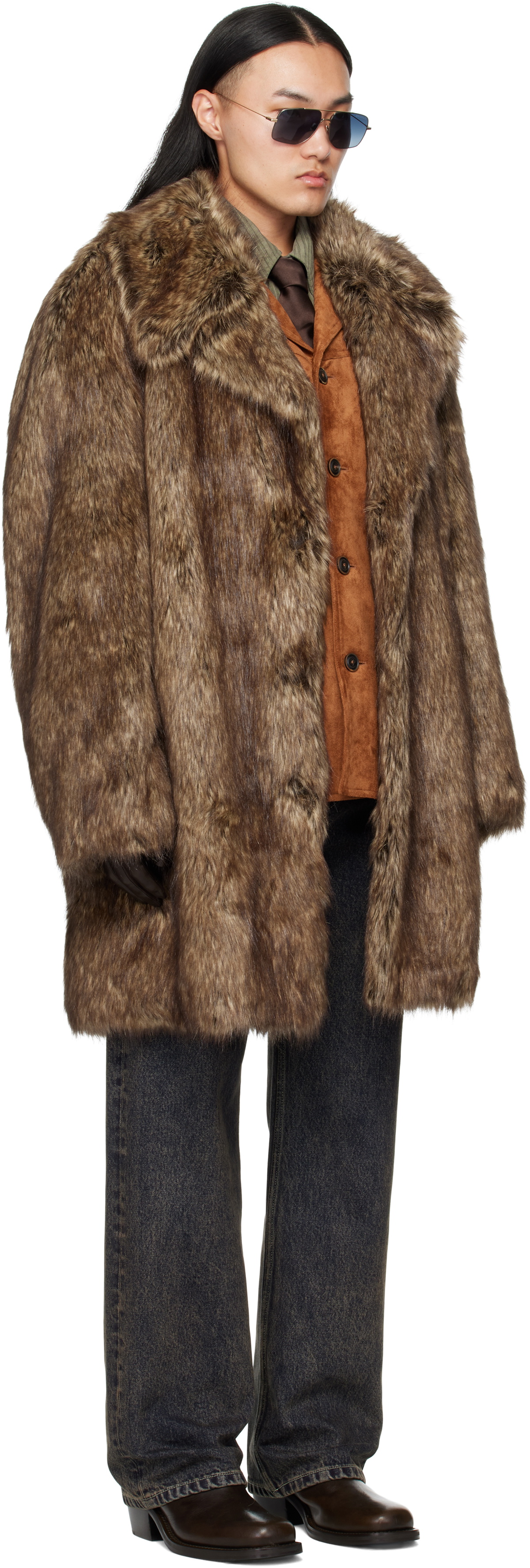 MMIC Brown Buttoned Faux-Fur Coat