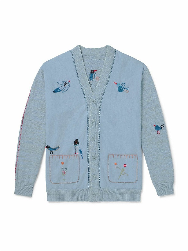 Photo: KAPITAL - Magpie Embroidered Chambray-Trimmed Cotton Cardigan - Blue
