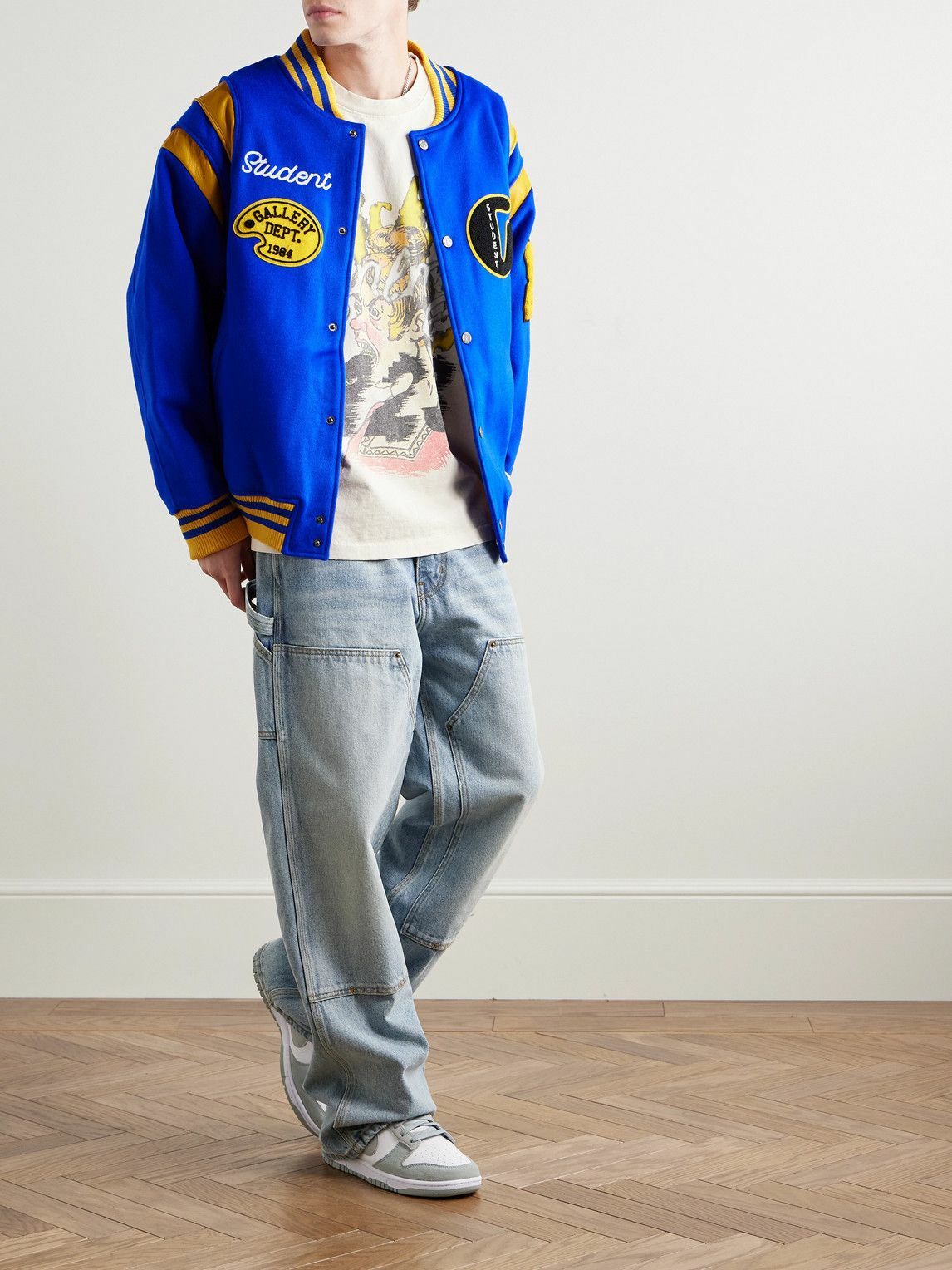 Gallery Dept. - Logo-Embroidered Appliquéd Leather-Trimmed Wool-Blend Felt Varsity Jacket - Blue