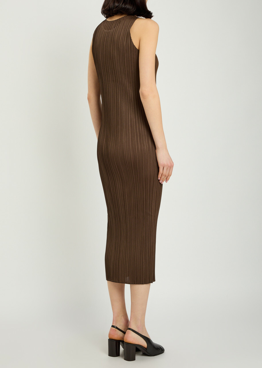 Pleats Please Issey Miyake Pleated Woven Midi Dress Brown