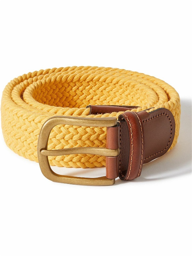 Photo: Anderson & Sheppard - 3.5cm Leather-Trimmed Woven Stretch-Cotton Belt - Yellow