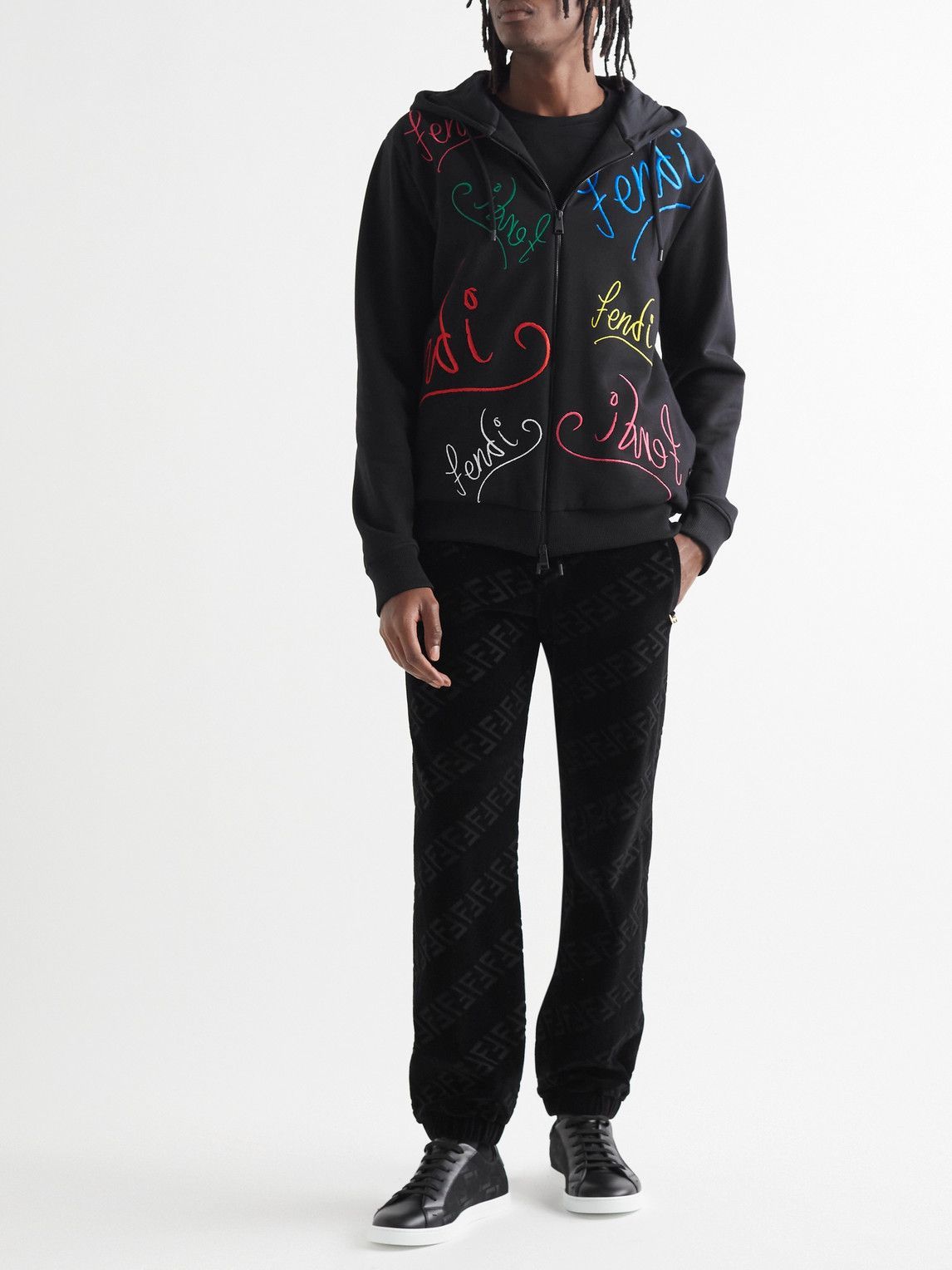 Fendi - Noel Fielding Logo-Embroidered Cotton-Jersey Zip-Up Hoodie - Black