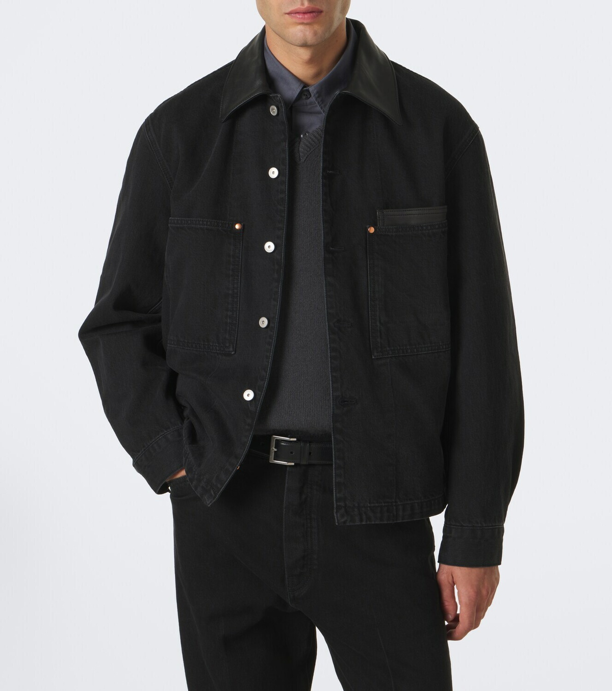 Lemaire Leather-trimmed denim overshirt