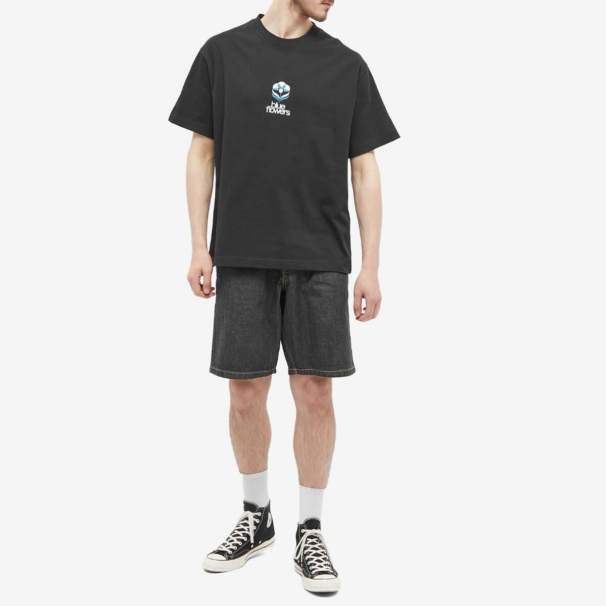 Blue Flowers Men's Flower T-Shirt in Black