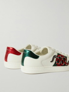 GUCCI - Ace Watersnake-Trimmed Appliquéd Leather Sneakers - White