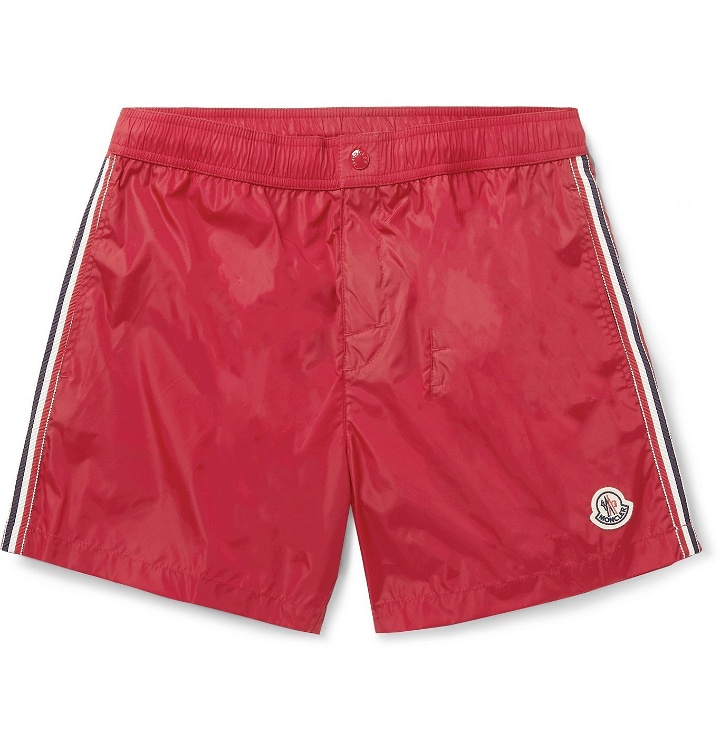 Photo: Moncler - Slim-Fit Mid-Length Logo-Appliquéd Swim Shorts - Red