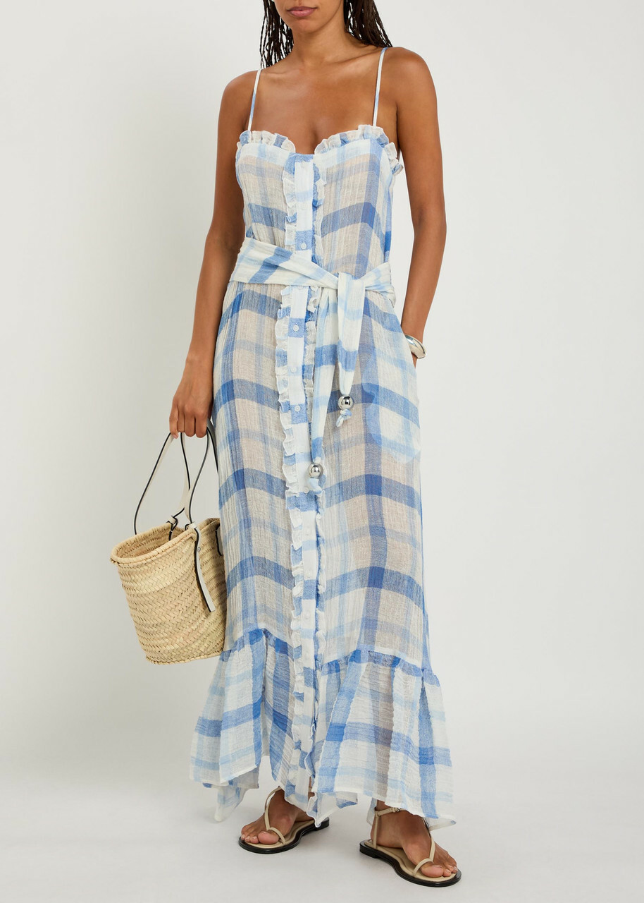Lisa Marie Fernandez Checked Ruffled Linen-blend Maxi Dress Blue And White