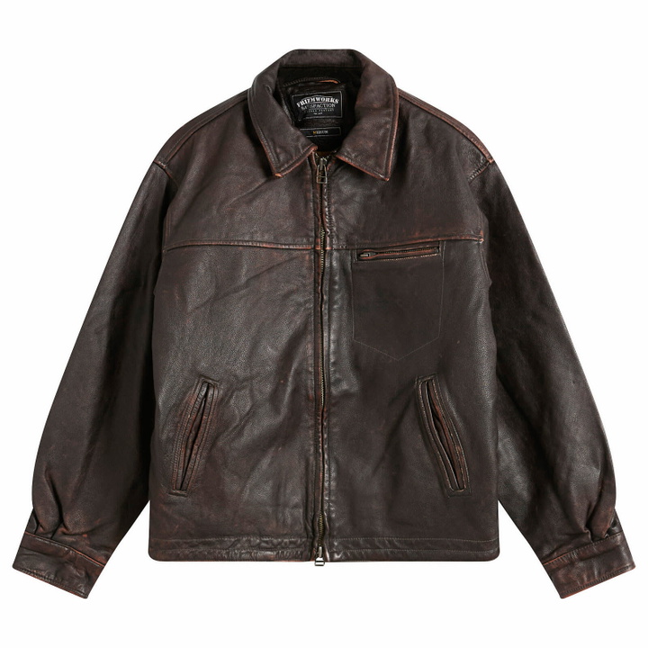 Photo: FrizmWORKS Men's Destroyed Cowhide Leather Jacket in Washed Brown