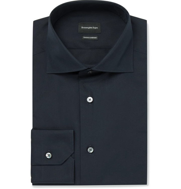 Photo: Ermenegildo Zegna - Navy Trofeo Slim-Fit Cutaway-Collar Cotton-Poplin Shirt - Navy