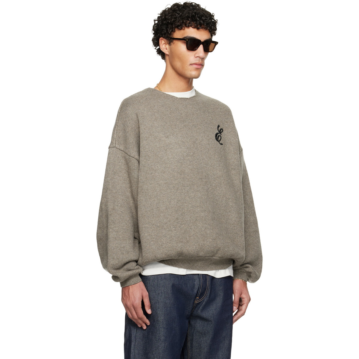 Fear of God ESSENTIALS Brown Holiday Embroidered Merino Crewneck Sweater