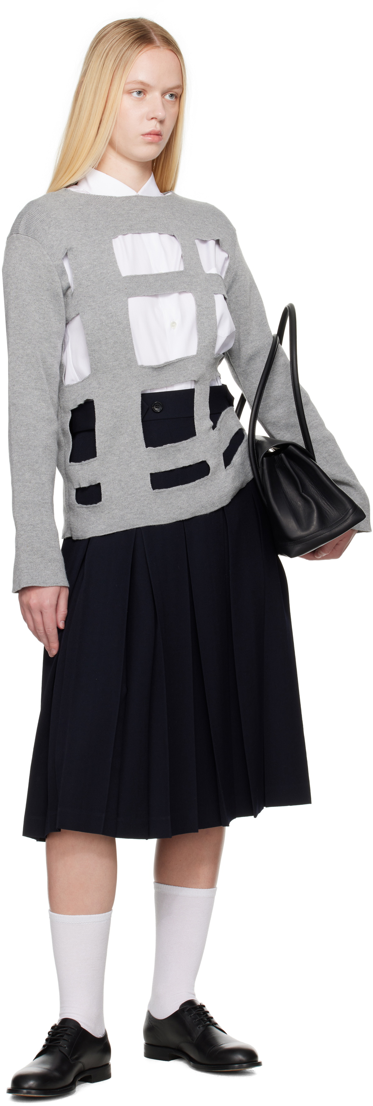 Comme des Garçons Girl Navy Wool Pleated Waist Button Midi Skirt