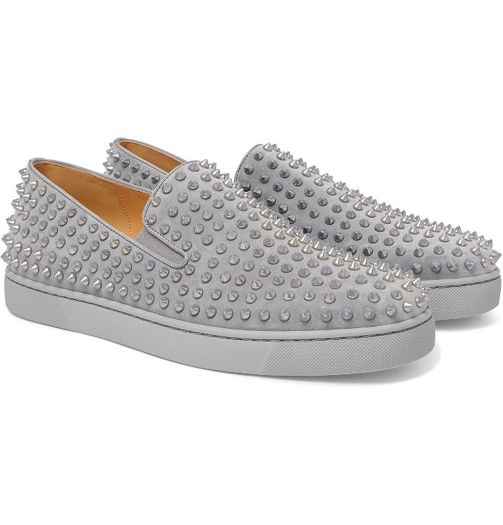 Photo: CHRISTIAN LOUBOUTIN - Roller-Boat Spiked Suede Slip-On Sneakers - Gray