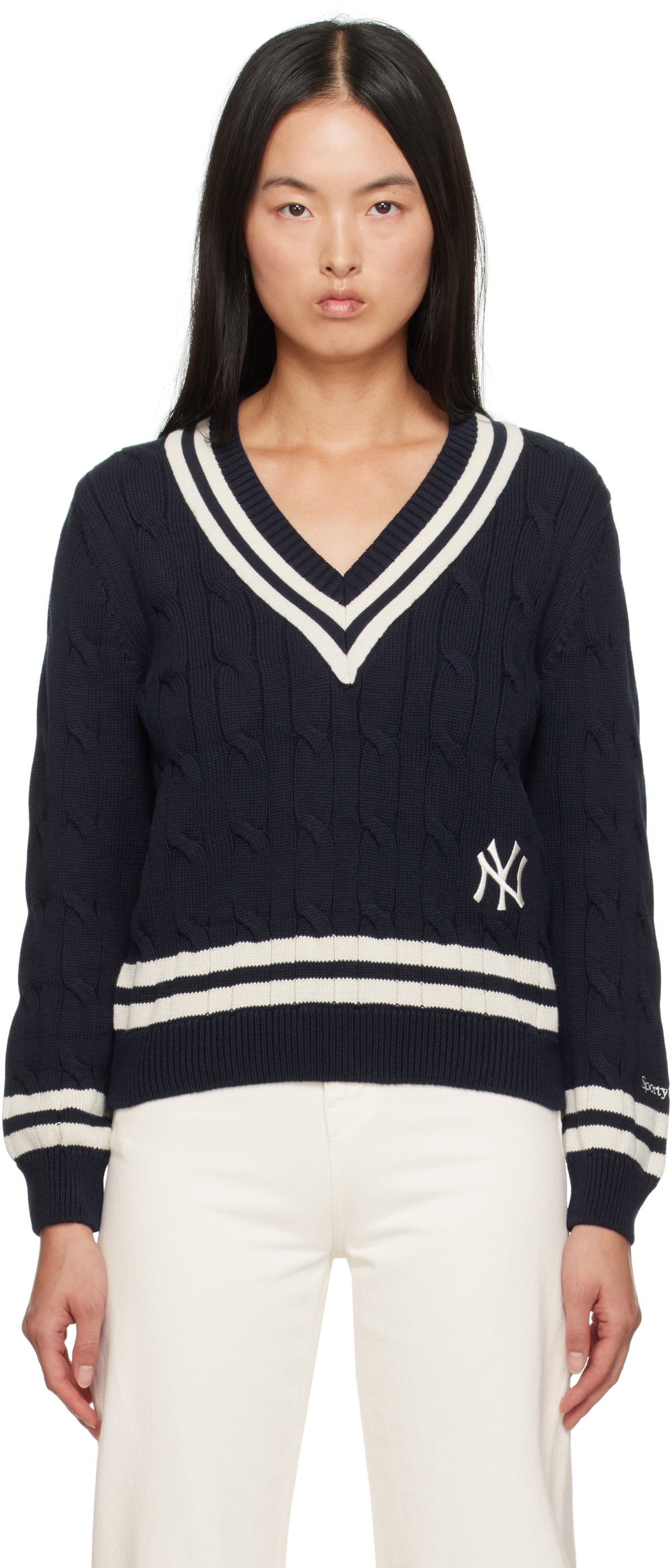 Sporty & Rich Navy '47 Edition Yankees Serif Cable Knit Sweater