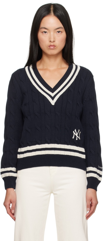 Photo: Sporty & Rich Navy '47 Edition Yankees Serif Cable Knit Sweater