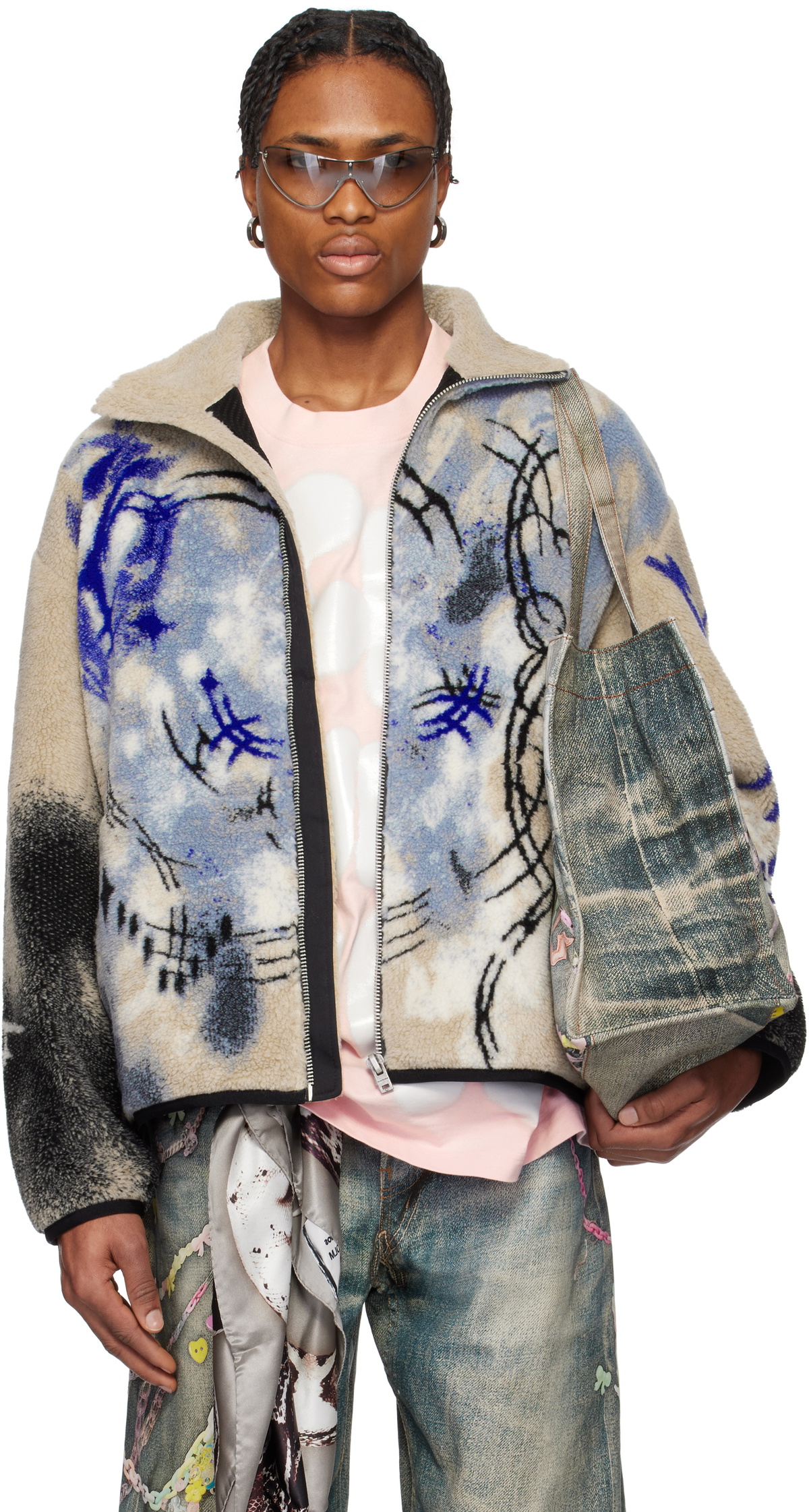 Acne Studios: Beige & Blue Teddy Jacket | SSENSE Acne Studios: Beige & Blue Teddy Jacket | SSENSE