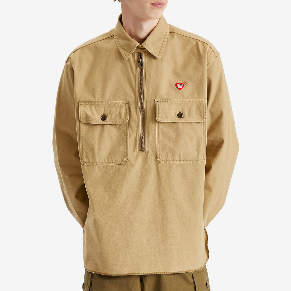 【Human Made】 Zip-Up Work Shirt Beige Human Made Men's Zip-Up Heart Print Work Shirt in Beige