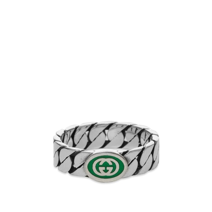 Photo: Gucci Men's Interlocking G Enamel Ring in Silver/Green