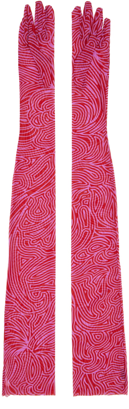 Dries Van Noten Red & Pink Printed Mesh Gloves