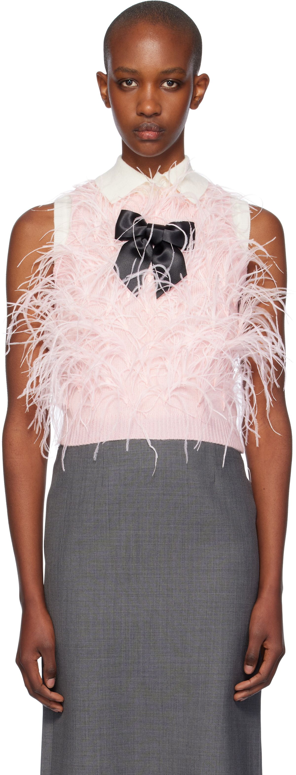 SHUSHU/TONG Pink Ostrich Feather Embellished Knit Vest