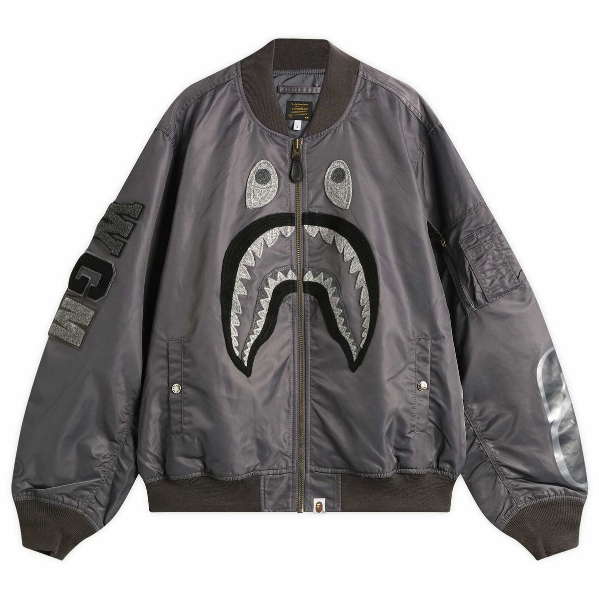 A Bathing Ape Men's Tonal Shark MA-1 Jacket in Charcoal A Bathing Ape