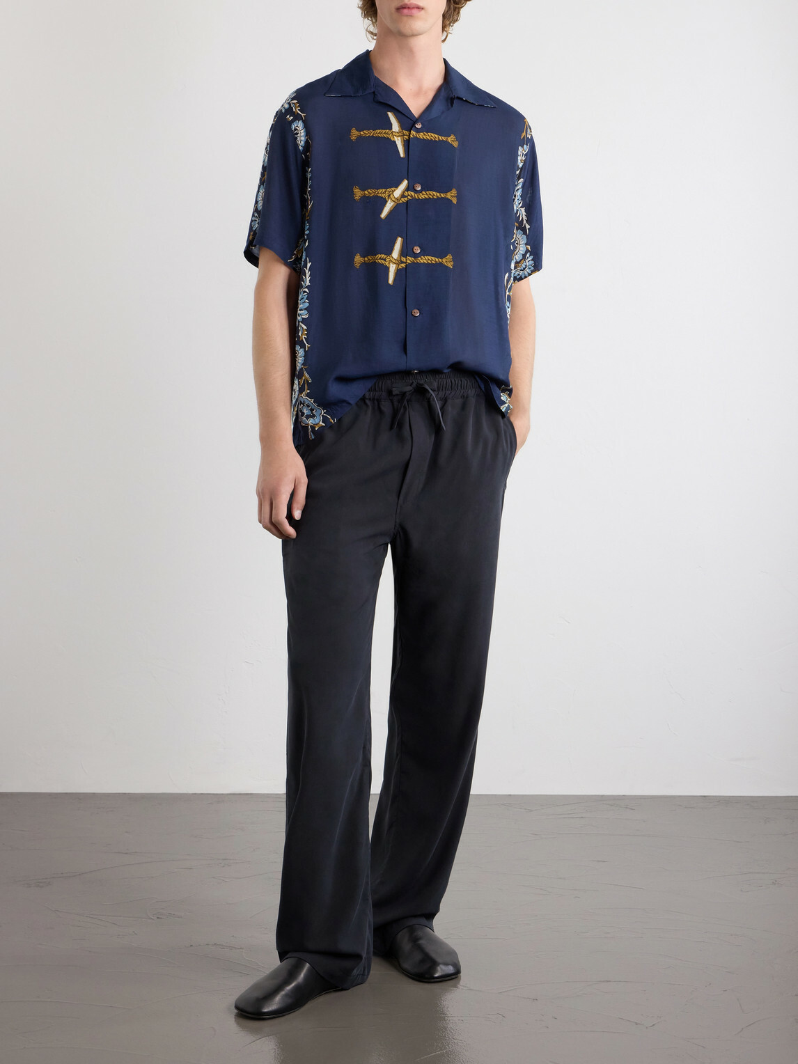 KAPITAL - Toggle & Maille Convertible-Collar Printed Woven Shirt - Blue