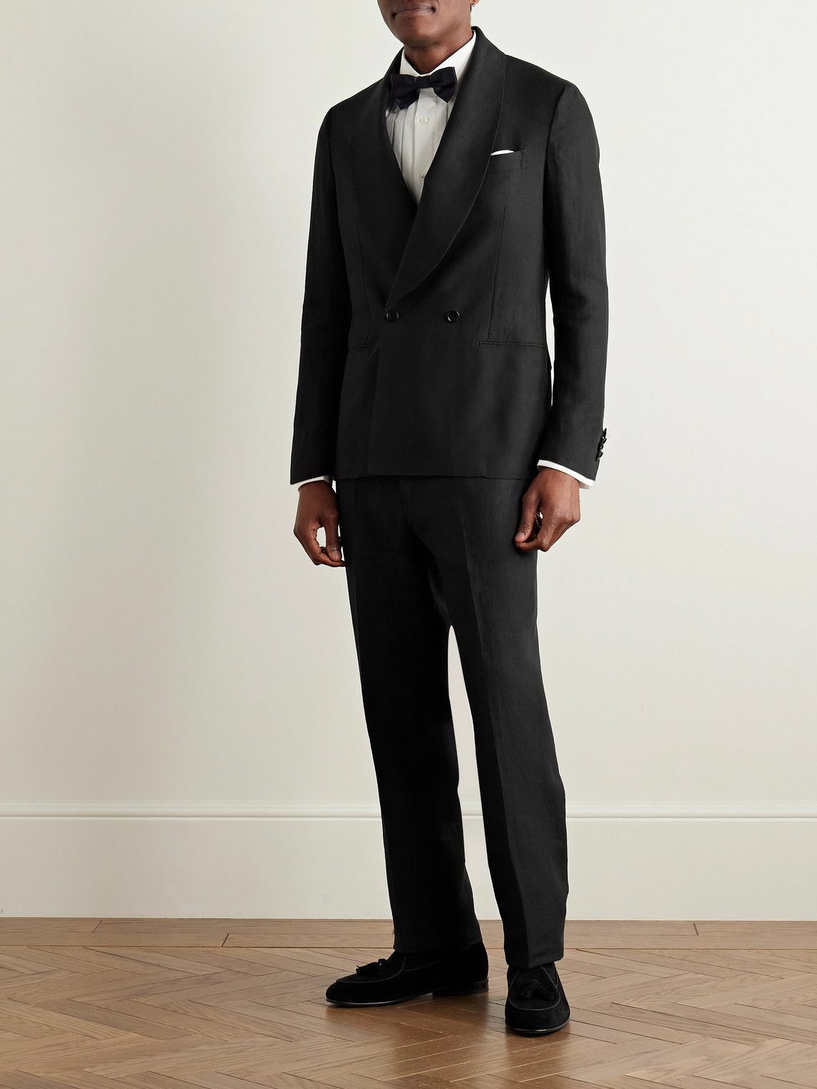 De Petrillo - Cantone Shawl-Collar Double-Breasted Linen Tuxedo Jacket - Black